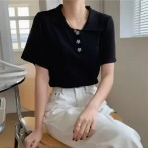 3컬러 화사한 꽃 버튼 여름 카라 반팔 티셔츠 플라워 단추 카라티