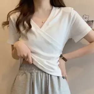 1+1 여성 브이넥 반팔티 여자여름옷 여성여름티 립넥티셔츠 여름티셔츠 여자반팔티 브이넥옷 무지티셔츠 여