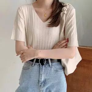 브이넥 아이스 여름 니트 반팔 티셔츠 브이넥 여름 아이스 반팔티 니트