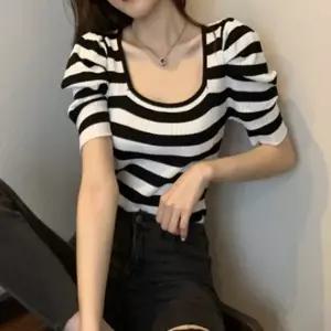 여름반팔니트 퍼프 라운드니트 여성 티셔츠 여름니트 반팔 골지 니트 여름