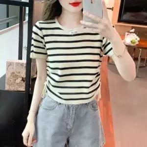 (타입 FreeSize)셔츠 탑 여성 줄무니 무슈봉 매듭 반팔 여름남방 여름 여성셔츠 반팔셔츠 쉬폰 블라우스 남