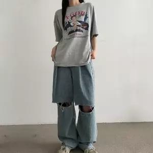 여성 여름 루즈핏 캐릭터프린팅 얇은 여름반팔 루즈핏 여름 여성 얇은 캐릭터프린팅