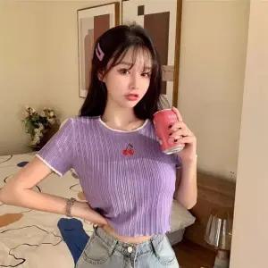 봄 여름 여성 반크롭 체리자수 날씬해보이는 캐주얼 여름반팔 여성 스포츠반팔 기본반팔티 무지반팔티 여자