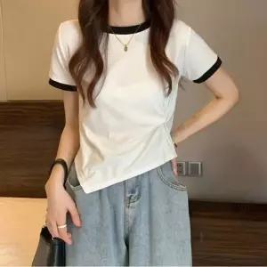 여성반팔티 2컬러 슬림핏 허리꼬임 배색 여름 여성반팔티셔츠 여성여름티