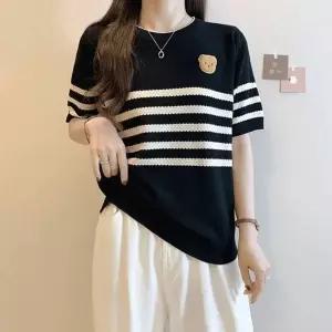 줄무늬 단가라 크롭탑 여자여름반팔티 반팔티셔츠 여자여름니트티 귀여운
