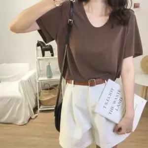 여성 루즈핏 여자여름 티셔츠 심플 여름 티 u넥 여자 기본 반팔