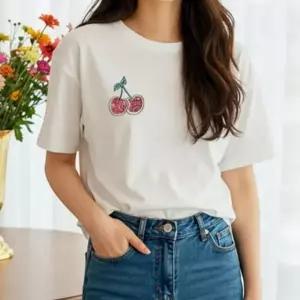 ( )여름 여자 체리 프린팅 티셔츠 티셔츠 반팔티 흰 여성 면 여름 여성