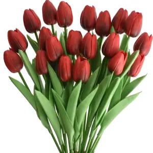 WISTART 20개 인조 튤립 꽃 가짜 PU 꽃다발 리얼 터치 꽃꽂이 홈 룸 오피스 파티 결혼식 장식 훌륭한