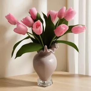 아트크레딧 10가지 줄기 인조 튤립 꽃다발 결혼식 홈 파티 장식 봄 발렌타인데이와 부활절 다크 핑크