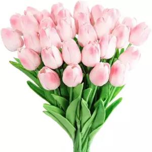 Kisflower 30Pcs 라텍스 튤립 리얼 터치 핑크 인조 꽃 가짜 배열 부케