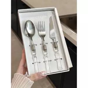 가벼운 고급 스테인리스 테이블웨어 스틸 스푼 투명핸들 스테이크 커트러