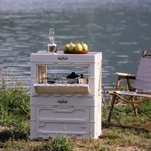 캠핑 스토리지 폴딩 박스 50L (SF-FB-077) / 오픈형 우드 상판 테이블 다용도 수납 멀티 상자 접이식 트렁크 정리함