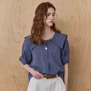 [MAXZA] 시어서커 스트라이프 세일러 카라 블라우스