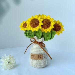 졸업꽃다발 수제 크로셰 해바라기 꽃병 7인치 활기찬 책상 장식에 웃음을 유지하세요 라는 문구가 새겨져 집과 사무실에 완벽한 선물
