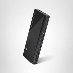 7개의 USB 3.0 데이터 포트와 2개의 스마트 충전 USB 포트를 갖춘 TP-Link 전원 USB 허브 3.0. Windows, Mac, Chrome 및 Linux OS와 호환되며 전원 켜기/끄기 버튼, 12V / 4A 전원 어댑터(UH720)