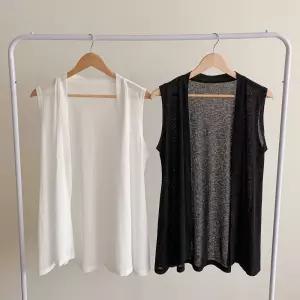 여성 레이어드 조끼 빅사이즈 여름 정장 롱 베스트가디건 니트 디건 V넥 루즈핏 루즈