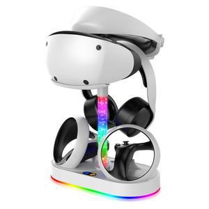 [호환품]듀얼 컨트롤러 충전기 RGB 조명 4개의 자기 어댑터 및 보관 랙이 포함된 PS VR2용 다기능 충전 스