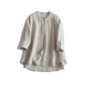 여자 면 여름 래쉬가드 차이나 소매 빅사이즈 린넨 셔츠 7부 원픽2