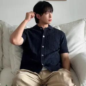 [피팅남]남자 렌테 여름 케이블 꽈배기 카라 반팔 니트 가디건