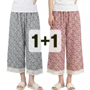 (2장) 2줄 레이스 8부 여성 통바지 여자 파자마 잠옷 바지 와이드 홈웨어 하의 랜덤