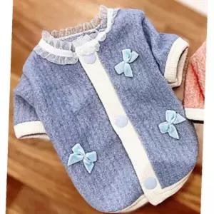 1P 겨울 가디건 블루 셀프 2XL 똑딱이 리본 강아지 레이스