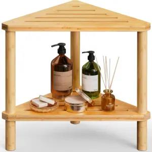 대나무 모서리 샤워 의자 - 내부 면도 다리 및 작은 공간을 위한 방수 수납 선반이 있는 2단 발 받침대