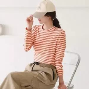 여성 긴팔 스트라이프 기모 롱슬리브 라운드 티셔츠