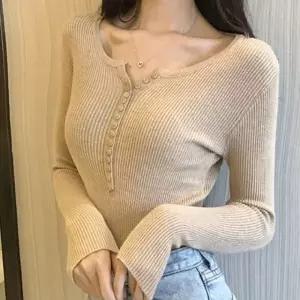 여성 골지 U넥 슬림핏 버튼티 이너 티셔츠 긴팔 6색