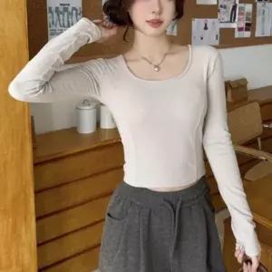 여성 컬러 부드러운 베이직 긴팔티 가슴패드 내장 1P 기본 티셔츠 이너