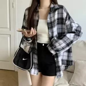 여성 오버핏 루즈핏 빈티지 레트로 체크 가을 남방 셔츠