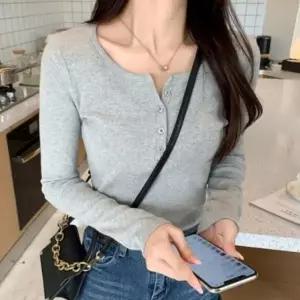 헨리넥 여성 단추 쫄티 롱슬리브 골지 스판 긴팔 티셔츠