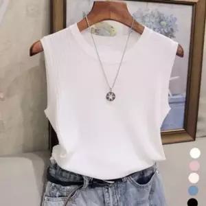 여성 티 라운드 민소매 골지 슬리브리스 여름 베이직