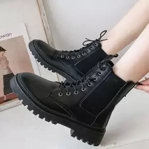 가죽 여성 워커 레이스업 통굽 밴딩 부츠 캐주얼