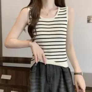 여성 스트라이프 줄무늬 슬림핏 여름 민소매 단가라 나시