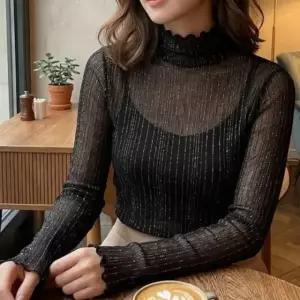 여성 시스루 레이스 블라우스 반목 레이어드 자수 목티