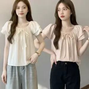 반팔 블라우스 넥라인 밴딩 리본 여성