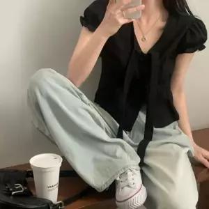 퍼프 블라우스 핀턱 리본 여성