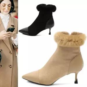 [카미엣뮤즈]퍼 트리밍 앵클 힐 부츠_KM22w196