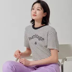 [지센] 스트라이프 자수 포인트 뒷리본 장식 반팔 티셔츠 LCTSP329_BK