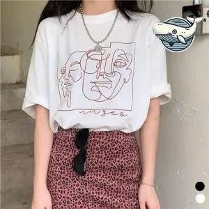 심플한 라인 드로잉 티셔츠 스타일리시 반팔 셔츠 드로잉 프린팅 반팔티