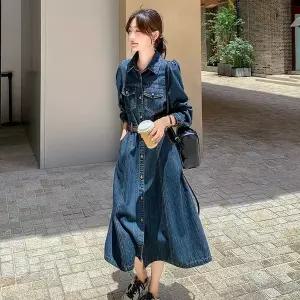 WAMP긴팔 버튼 벨트 롱 여성 데님 원피스