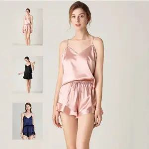 여성 민소매 파자마 여름 잠옷 반바지 홈웨어 세트 실크 느낌 새틴 캐미솔 프릴 부드러운 얇은 레이온 나시