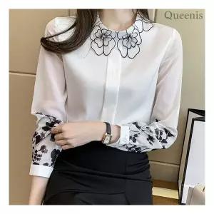 [퀸이즈] [~77까지]배송/이트 플라워 카라 포인트 블라우스 3266686