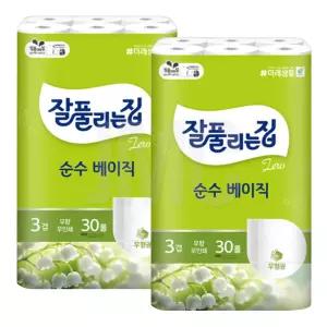 잘풀리는집 순수 베이직 3겹 화장지 27m 30롤 2팩 (60롤)