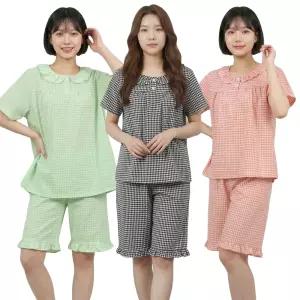 체크 넥프릴 잠옷세트 여성 반팔 반바지 파자마 한벌 여자 홈웨어 실내복 상하의세트