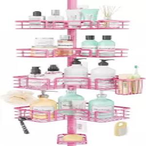SWTYMIKI 샤워 캐디 텐션 폴 - 비누 홀더 칫솔 및 후크 4개가 있는 4단 코너 정리대 조절 가능한