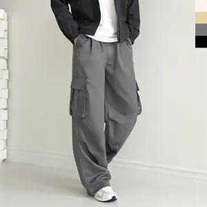 남자 와이드 카고 무릎핀턱 스트링 조거 팬츠