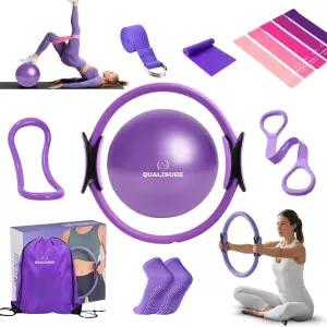 13인치 매직 서클 필라테스 링과 5개의 저항 밴드 에센셜 키트가 포함된 가정용 운동용 퀄레저 여성 전신