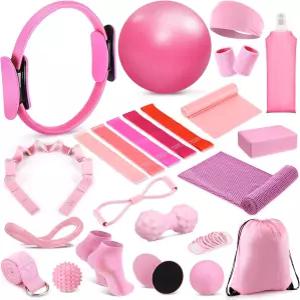 할로스큐메 24pcs 여성용 홈 필라테스 필수 키트 스트레칭 스트랩 물병 매직 서클 요가 링 짐 가방 저항