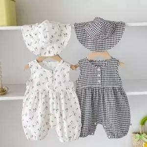 여름 신생아 아기 여아 모자 꽃무늬 우주복 민소매